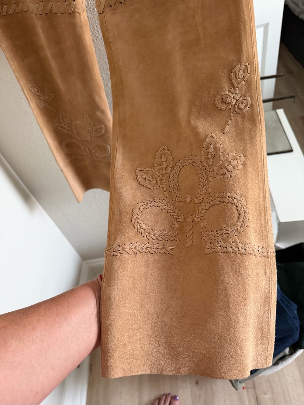 Women's Tan Suede Embroidered Jeans - Picture 6 of 13
